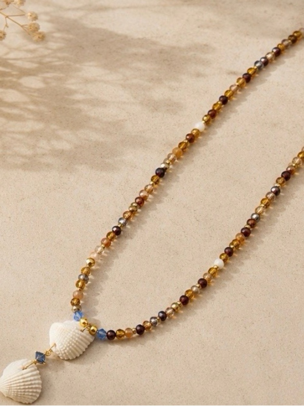 Beaded Shell Pendant Necklace - brown shades with gold accents